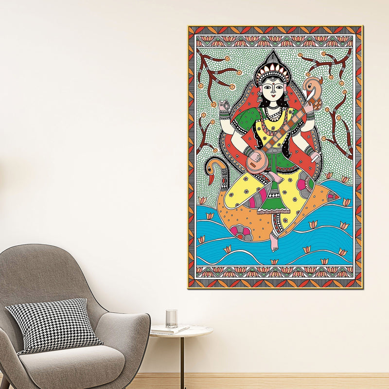 Traditional Madhubani Goddess Saraswati Canvas Painting