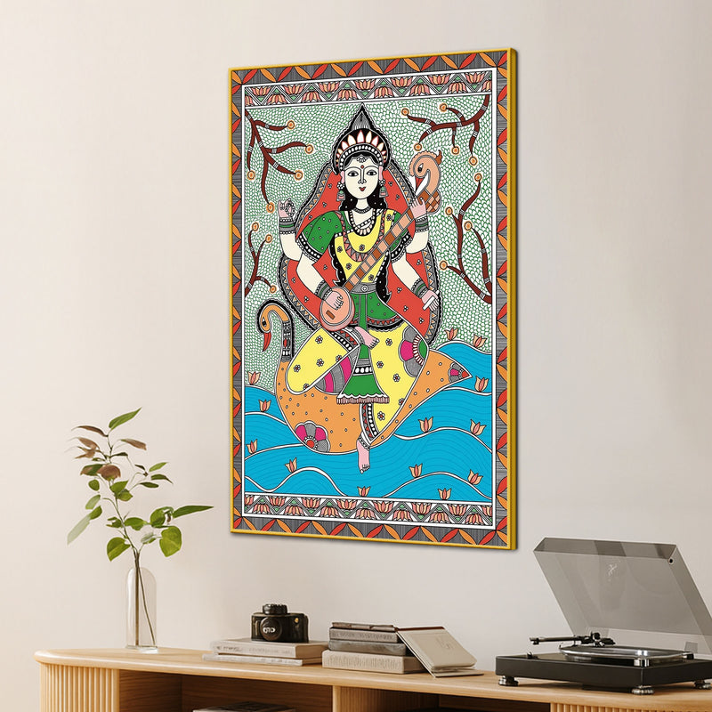 Traditional Madhubani Goddess Saraswati Canvas Painting