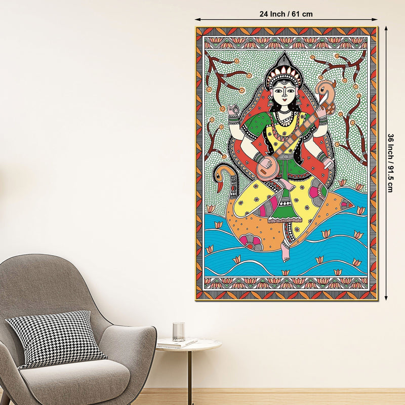 Traditional Madhubani Goddess Saraswati Canvas Painting