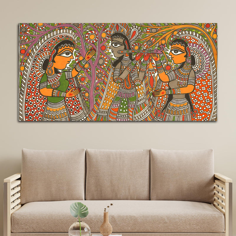Traditional Madhubani Radha Krishna Canvas Wall Painting for Home Decor