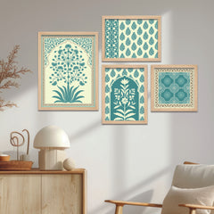 Traditional Motif Flower Pattern Art Wall Frame Set of Four