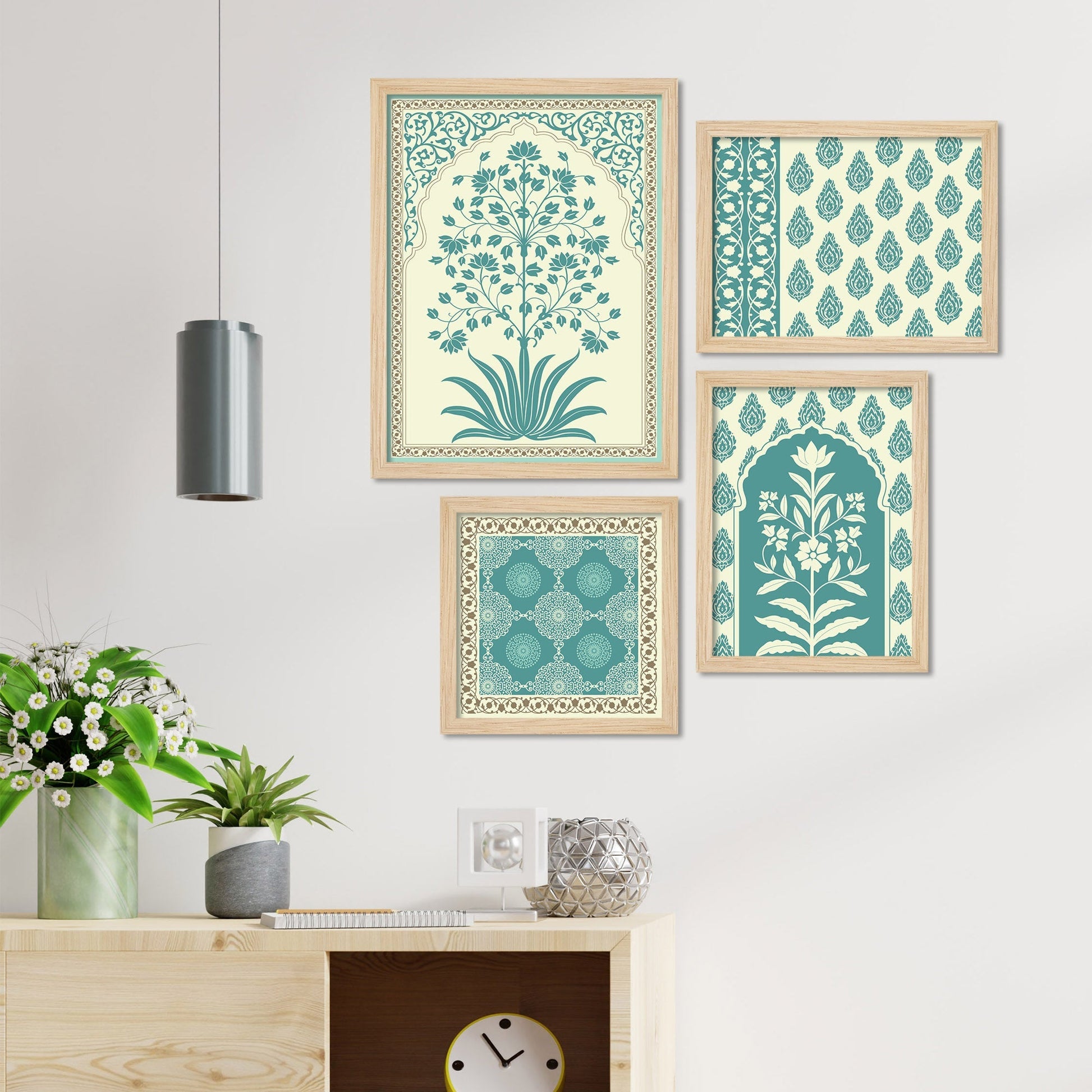 Traditional Motif Flower Pattern Art Wall Frame Set of Four