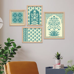 Traditional Motif Flower Pattern Art Wall Frame Set of Four