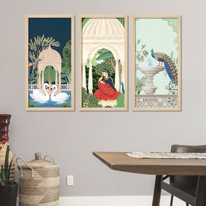 Traditional Mughal Garden View Wooden Wall Frame Set of Three