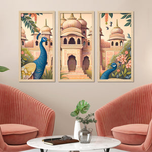 Traditional Mughal Garden View Wooden Wall Frame Set of Three