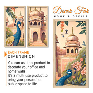 Traditional Mughal Garden View Wooden Wall Frame Set of Three