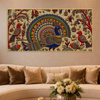 Traditional Peacock Fish & Birds Embroidered Tanjore Style 3D Canvas Wall Painting