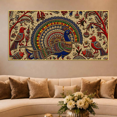 Traditional Peacock Fish & Birds Embroidered Tanjore Style 3D Canvas Wall Painting