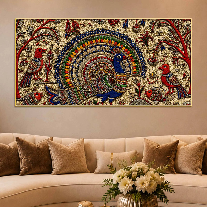 Traditional Peacock Fish & Birds Embroidered Tanjore Style 3D Canvas Wall Painting