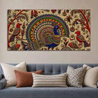 Traditional Peacock Fish & Birds Embroidered Tanjore Style 3D Canvas Wall Painting