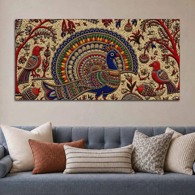 Traditional Peacock Fish & Birds Embroidered Tanjore Style 3D Canvas Wall Painting