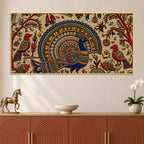 Traditional Peacock Fish & Birds Embroidered Tanjore Style 3D Canvas Wall Painting