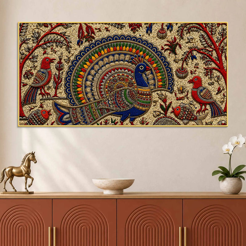 Traditional Peacock Fish & Birds Embroidered Tanjore Style 3D Canvas Wall Painting