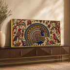 Traditional Peacock Fish & Birds Embroidered Tanjore Style 3D Canvas Wall Painting
