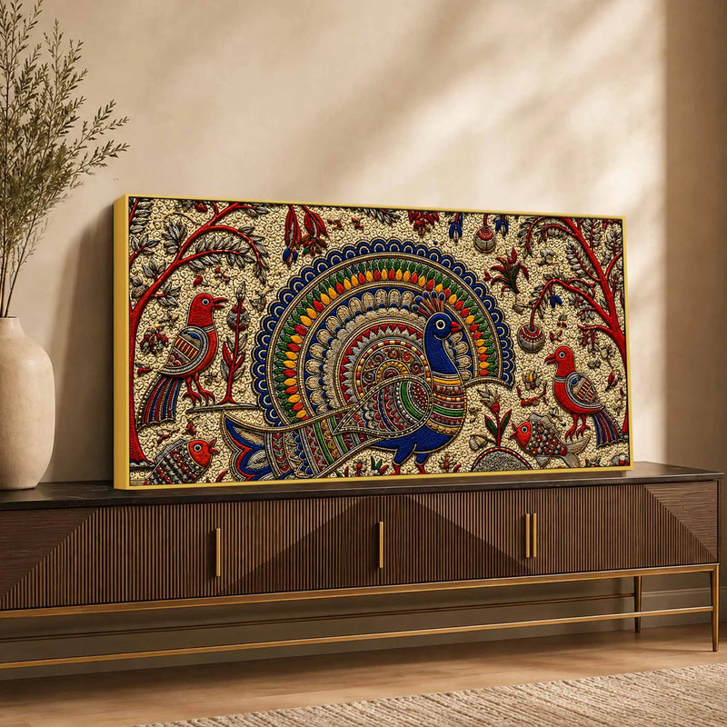 Traditional Peacock Fish & Birds Embroidered Tanjore Style 3D Canvas Wall Painting