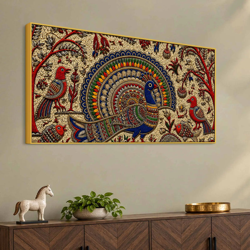 Traditional Peacock Fish & Birds Embroidered Tanjore Style 3D Canvas Wall Painting