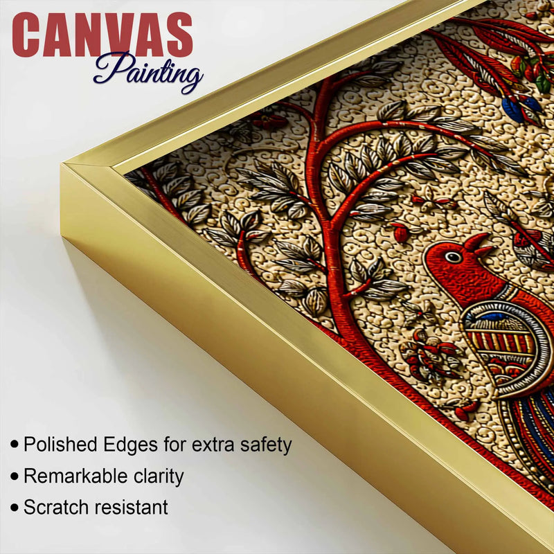 Traditional Peacock Fish & Birds Embroidered Tanjore Style 3D Canvas Wall Painting