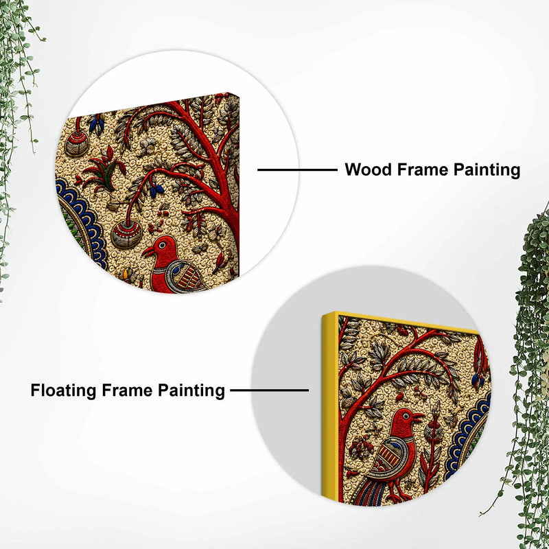Traditional Peacock Fish & Birds Embroidered Tanjore Style 3D Canvas Wall Painting
