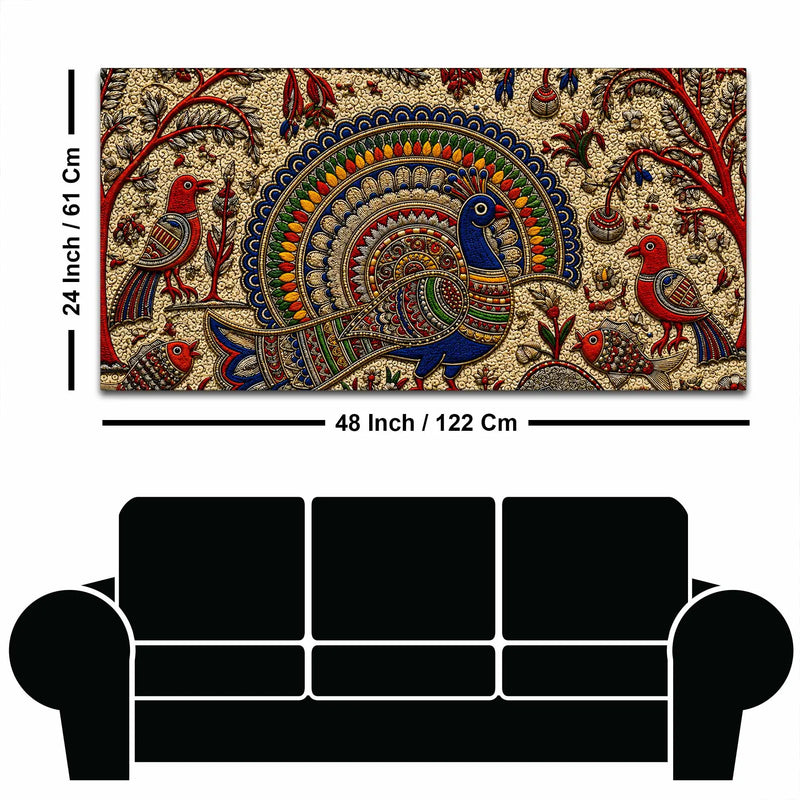 Traditional Peacock Fish & Birds Embroidered Tanjore Style 3D Canvas Wall Painting