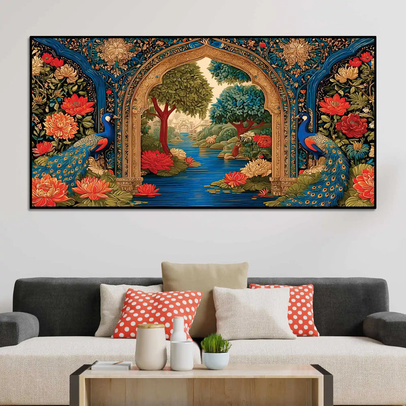 Traditional Peacock Floral Garden Canvas Wall Art Painting