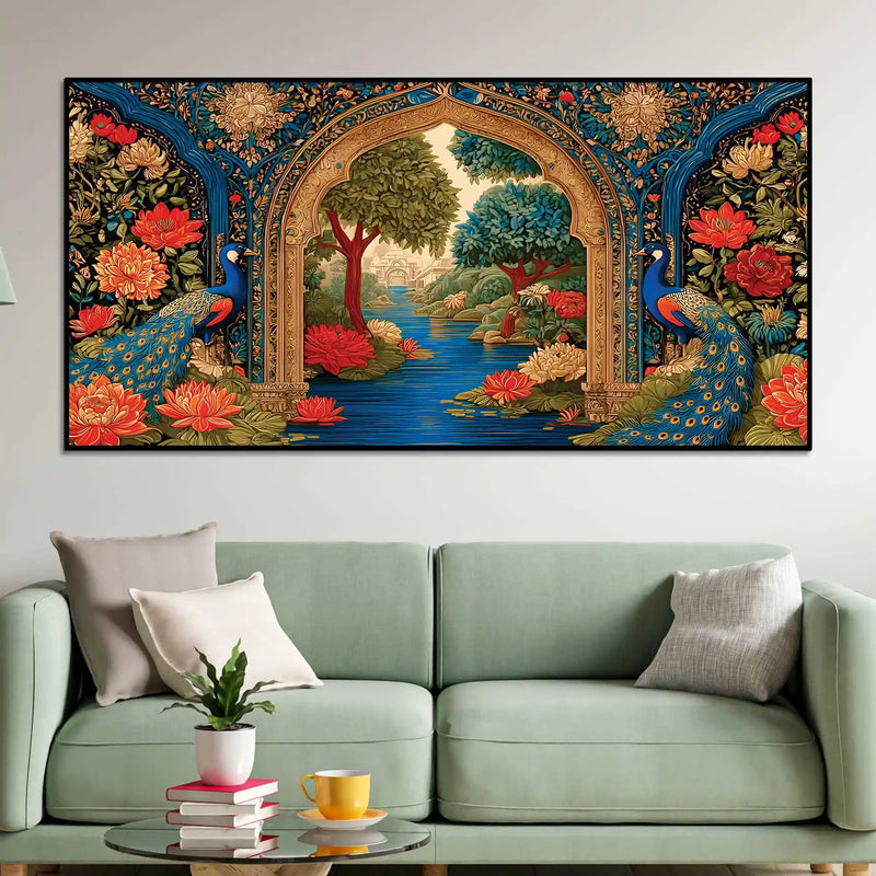 Traditional Peacock Floral Garden Canvas Wall Art Painting