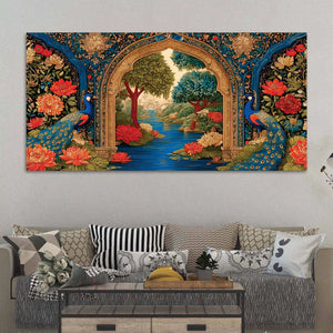 Traditional Peacock Floral Garden Canvas Wall Art Painting