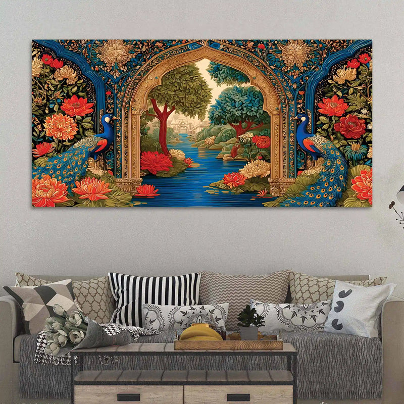 Traditional Peacock Floral Garden Canvas Wall Art Painting