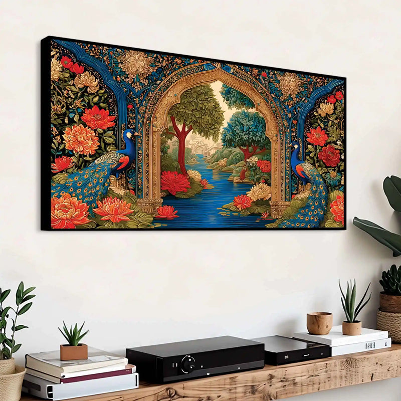 Traditional Peacock Floral Garden Canvas Wall Art Painting