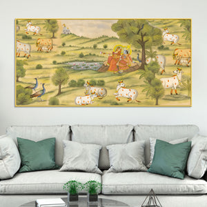 Traditional Pichwai Radha Krishna with Kamdhenu Cows Painting – Ethnic Spiritual Wall Decor