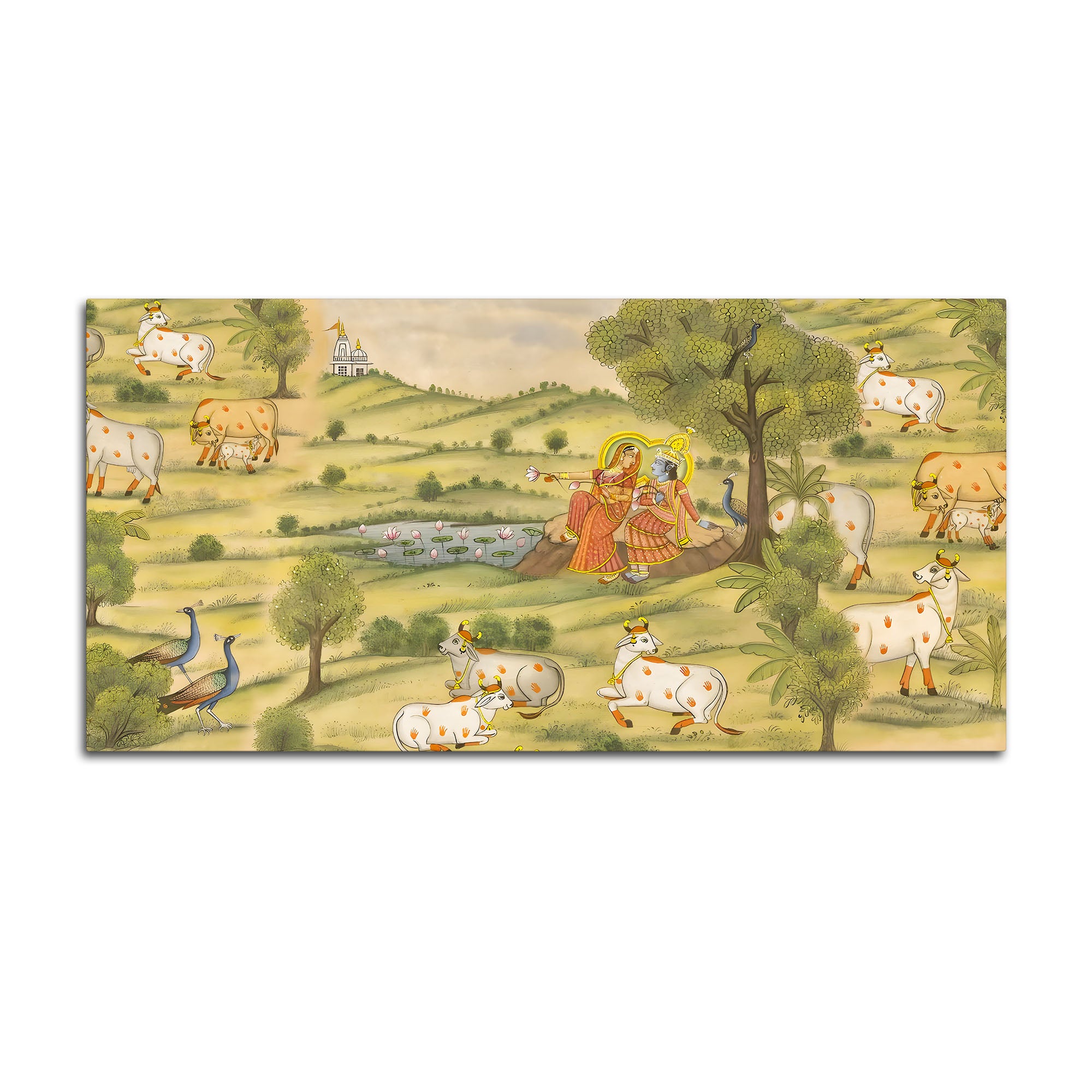 Traditional Pichwai Radha Krishna with Kamdhenu Cows Painting – Ethnic Spiritual Wall Decor