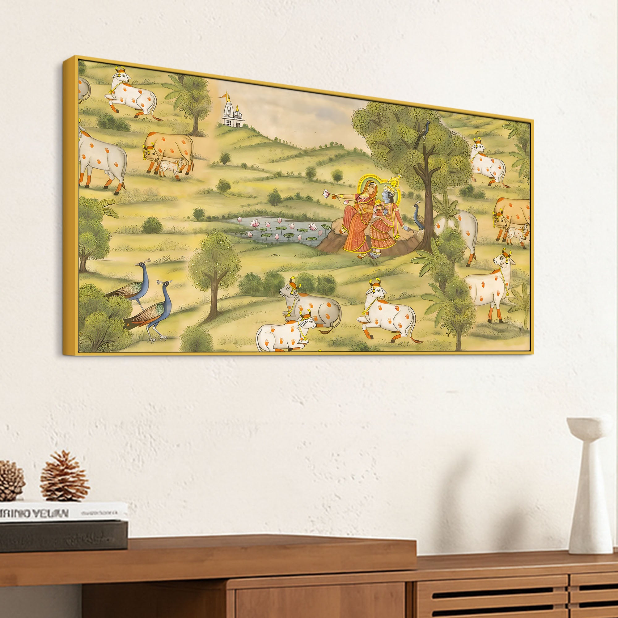 Traditional Pichwai Radha Krishna with Kamdhenu Cows Painting – Ethnic Spiritual Wall Decor