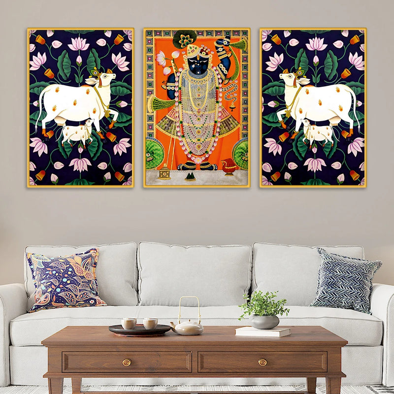 Traditional Pichwai Shrinath Ji Canvas Wall Painting Set of Three