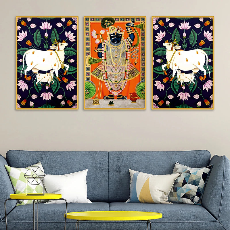 Traditional Pichwai Shrinath Ji Canvas Wall Painting Set of Three