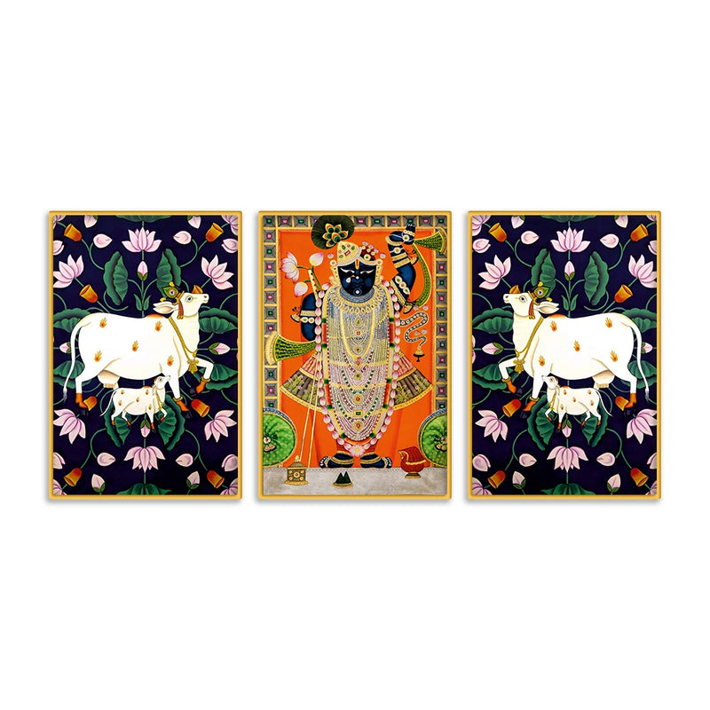 Traditional Pichwai Shrinath Ji Canvas Wall Painting Set of Three