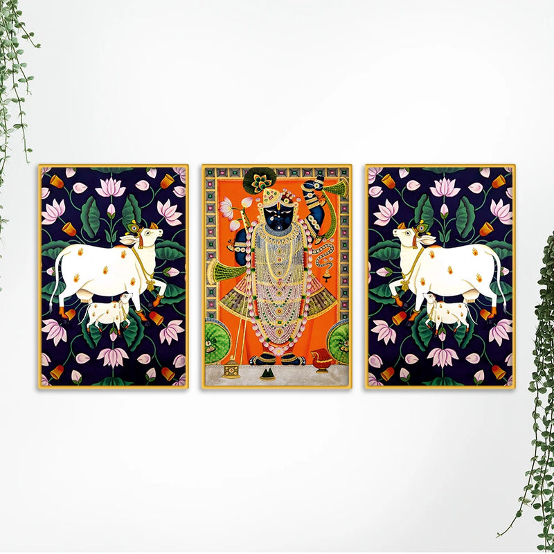 Traditional Pichwai Shrinath Ji Canvas Wall Painting Set of Three
