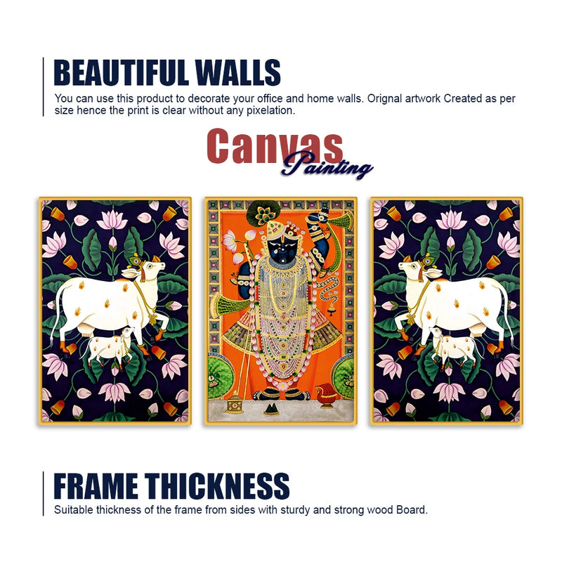 Traditional Pichwai Shrinath Ji Canvas Wall Painting Set of Three