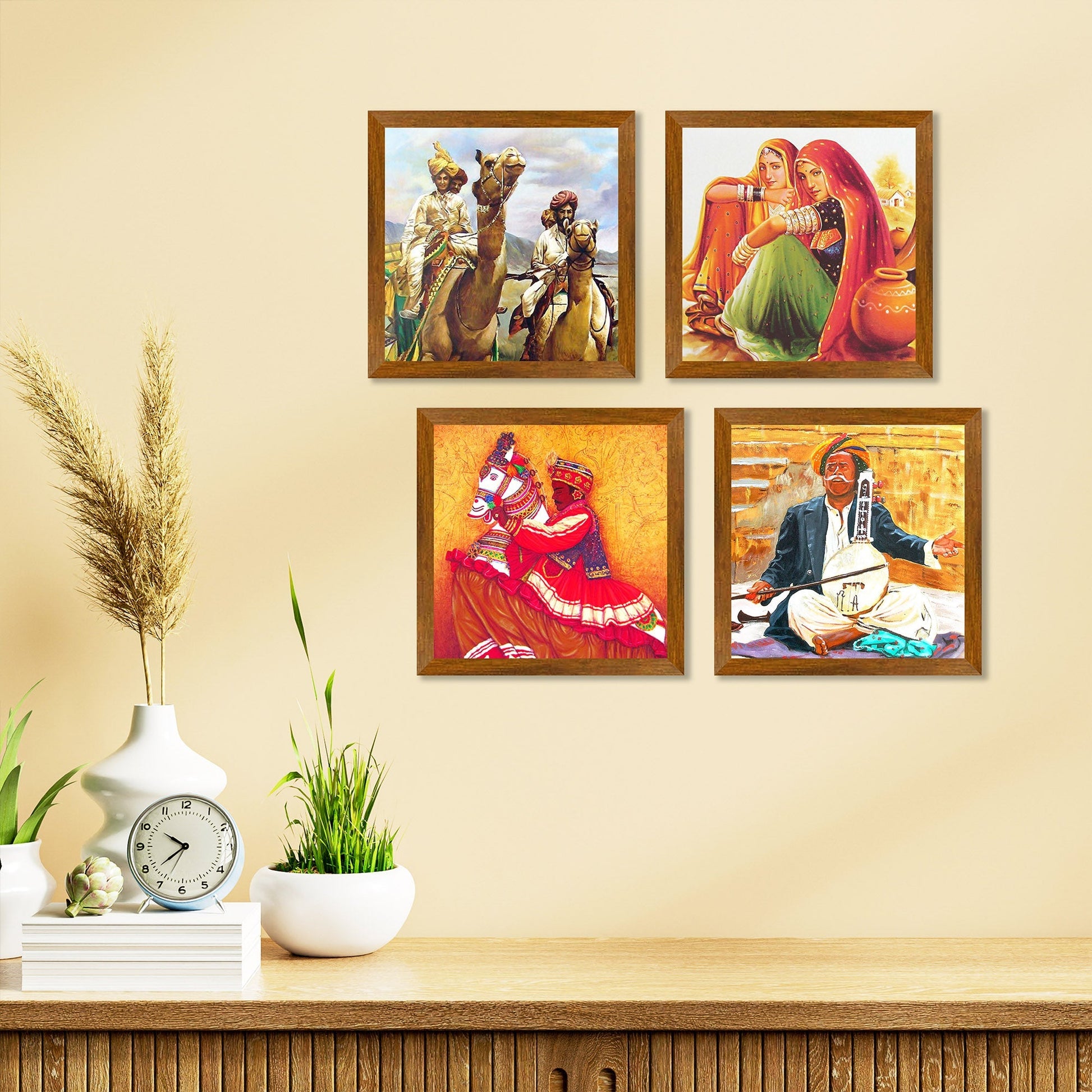 Traditional Rajasthani Culture Wooden Wall Frame Set of Four