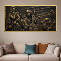 Traditional Rajasthani Music & Desert Life Metallic Look 3D Canvas Wall Painting