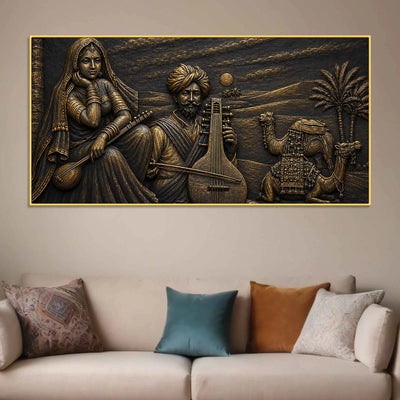 Traditional Rajasthani Music & Desert Life Metallic Look 3D Canvas Wall Painting