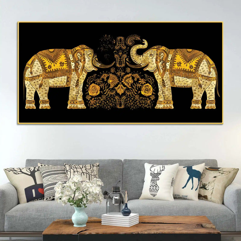 Traditional Royal Elephant Pair Canvas Wall Painting for Home and Office