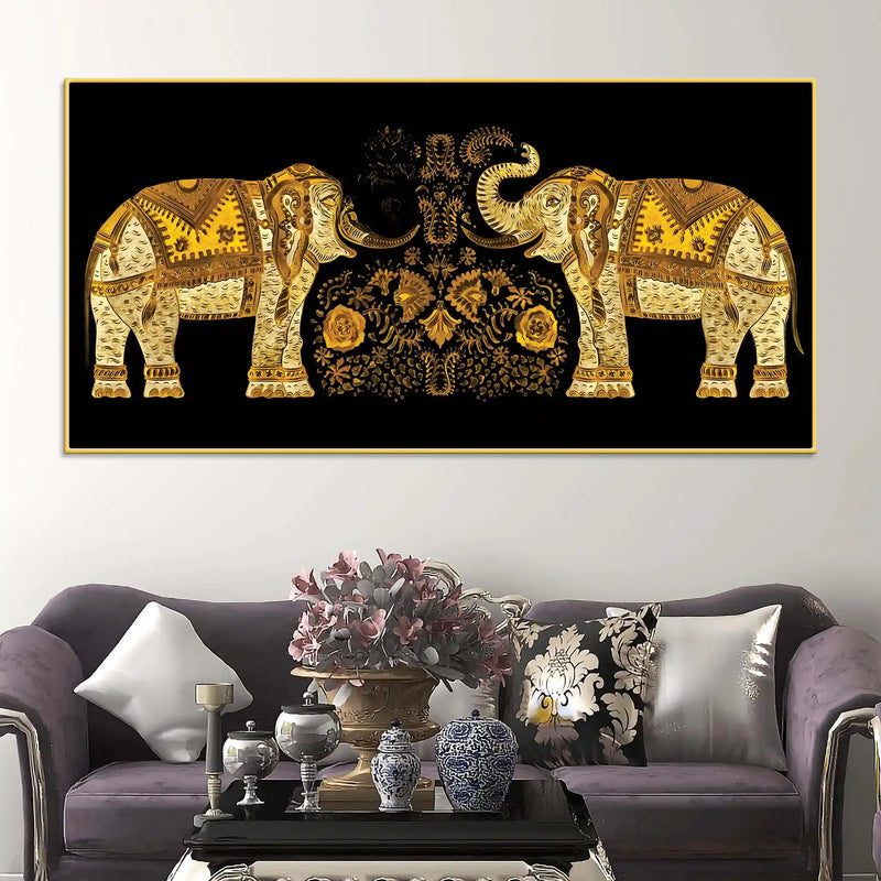 Traditional Royal Elephant Pair Canvas Wall Painting for Home and Office