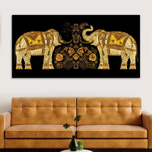 Traditional Royal Elephant Pair Canvas Wall Painting for Home and Office