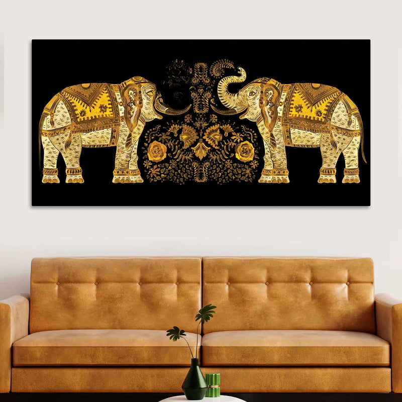 Traditional Royal Elephant Pair Canvas Wall Painting for Home and Office