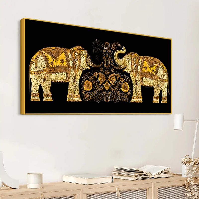 Traditional Royal Elephant Pair Canvas Wall Painting for Home and Office