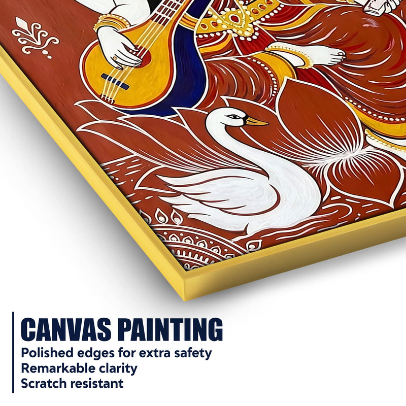 Traditional Saraswati Mata Canvas Painting for Spiritual Home Wall Decor