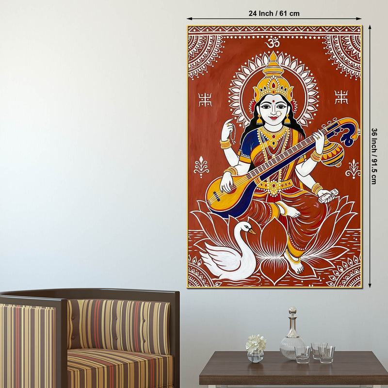 Traditional Saraswati Mata Canvas Painting for Spiritual Home Wall Decor