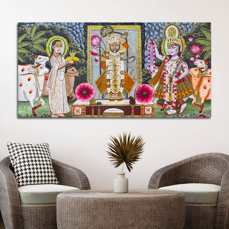 Traditional Shreenathji Temple Scene Pichwai Canvas Wall Painting