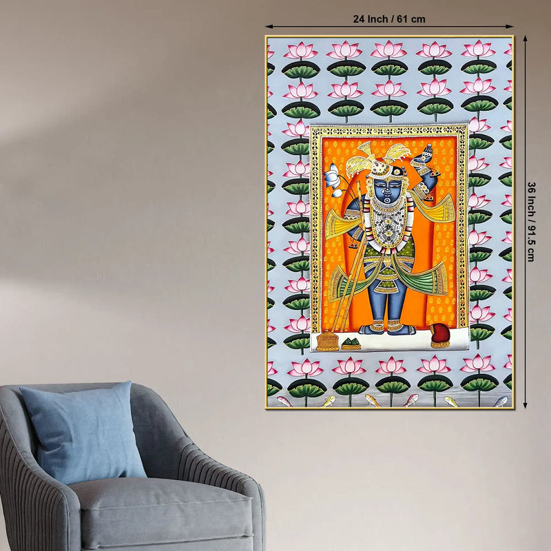 Traditional Shrinathji Pichwai Artwork with Lotus Motif Religious Canvas Wall Painting