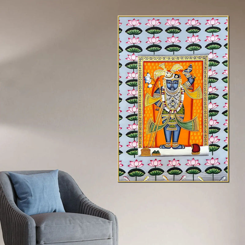 Traditional Shrinathji Pichwai Artwork with Lotus Motif Religious Canvas Wall Painting