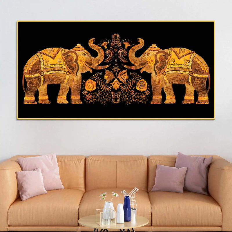 traditional-style-twin-elephants-with-floral-motif-canvas-wall-painting